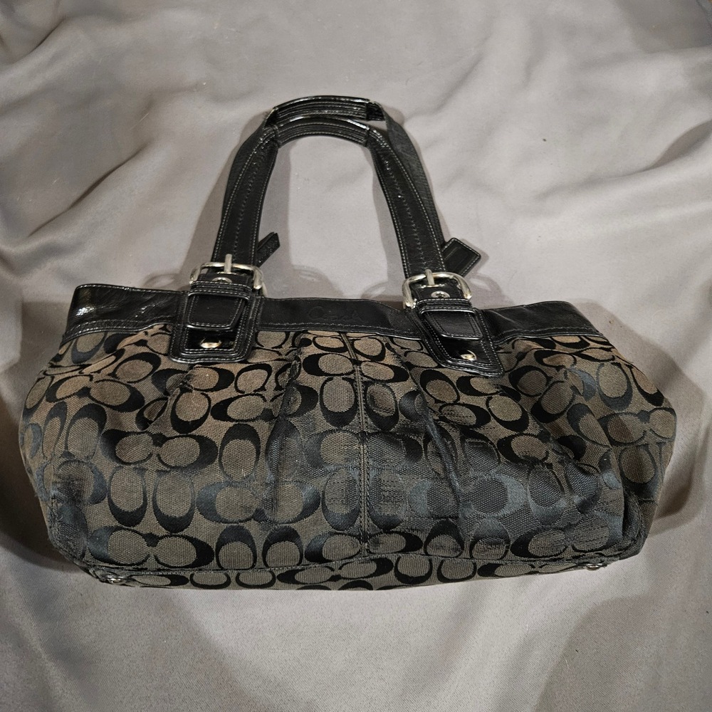 Coach F13742 Black Signature Soho Pleated Jacquard Tote Shoulder Bag